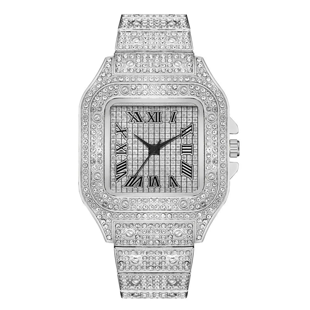 Luxury Men’s Square Quartz Watch - Steel Strap Roman Numeral Rhinestone Business Wristwatch for Casual Style