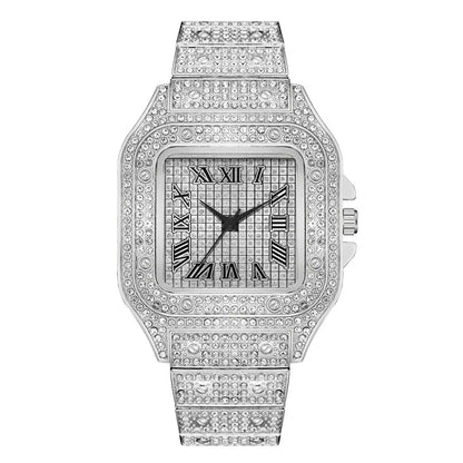 Luxury Men’s Square Quartz Watch - Steel Strap Roman Numeral Rhinestone Business Wristwatch for Casual Style