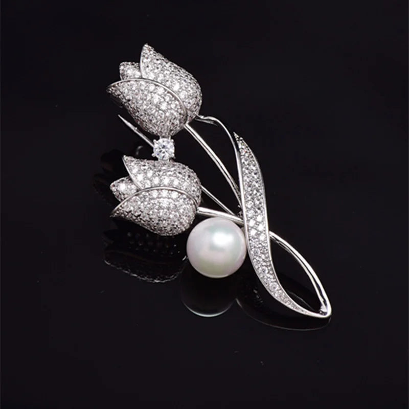 Luxury Tulip Flower Brooch Pin with White Stone – Elegant Rose Floral Jewelry for Women (2023 Design)