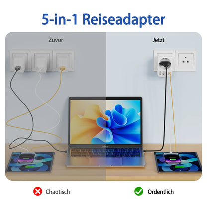 Travel Adapter USA to Europe — 3 USB + 1 Type-C Wall Socket Power Converter for America, Canada, Mexico