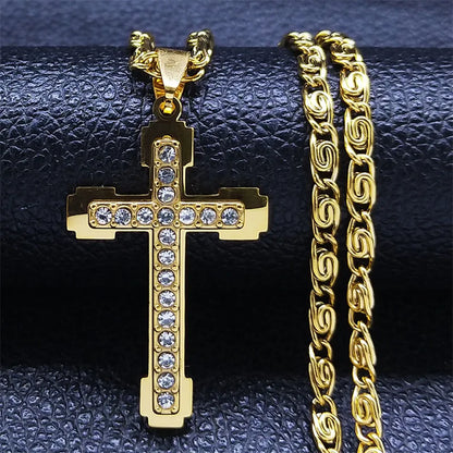 HNSP Stainless Steel Zircon Cross Necklace Pendant – Luxury Jewelry Accessories for Men & Women Fashion Gift