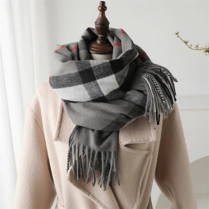 Luxury Brand Winter Plaid Cashmere-Like Blanket Scarf - Thick Warm Pashmina Shawl Wrap with Tassels, Poncho Stoles Echarpe