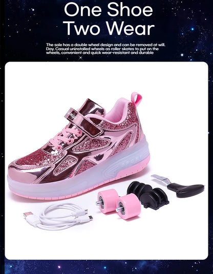 Kids' Inline Roller Skates – Removable 2-Wheel Skate Sneakers for Girls, Powerslide Wheeled Shoes