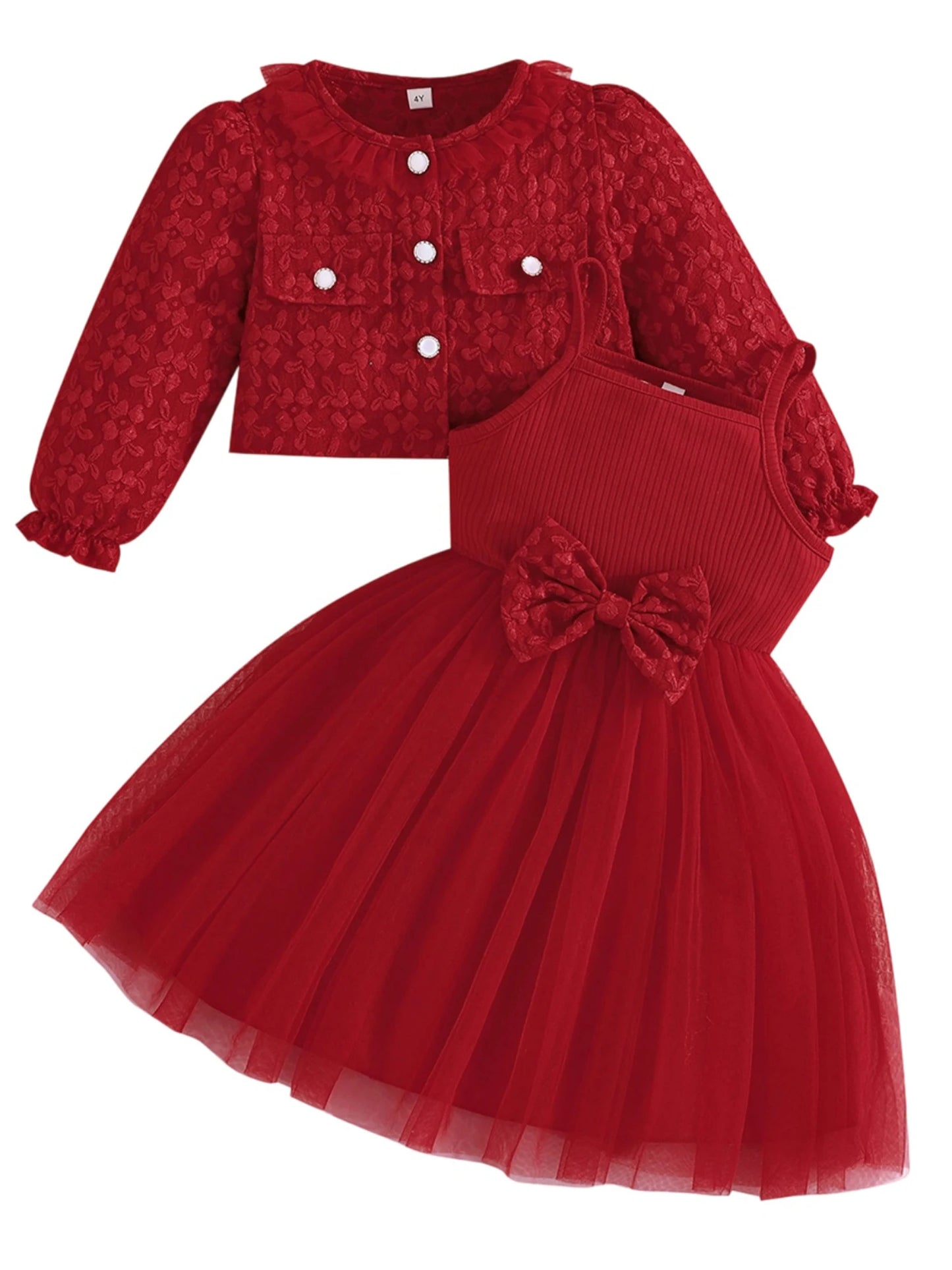 Girls' Summer & Fall 2-Piece Set – Tulle Patchwork Slip Dress with Flower Jacket, Casual Outfit for Ages 2-8Y