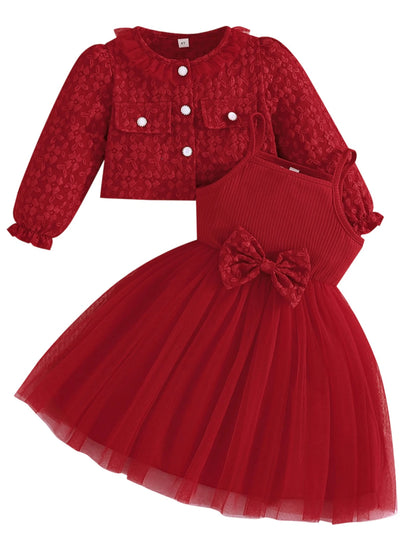 Girls' Summer & Fall 2-Piece Set – Tulle Patchwork Slip Dress with Flower Jacket, Casual Outfit for Ages 2-8Y