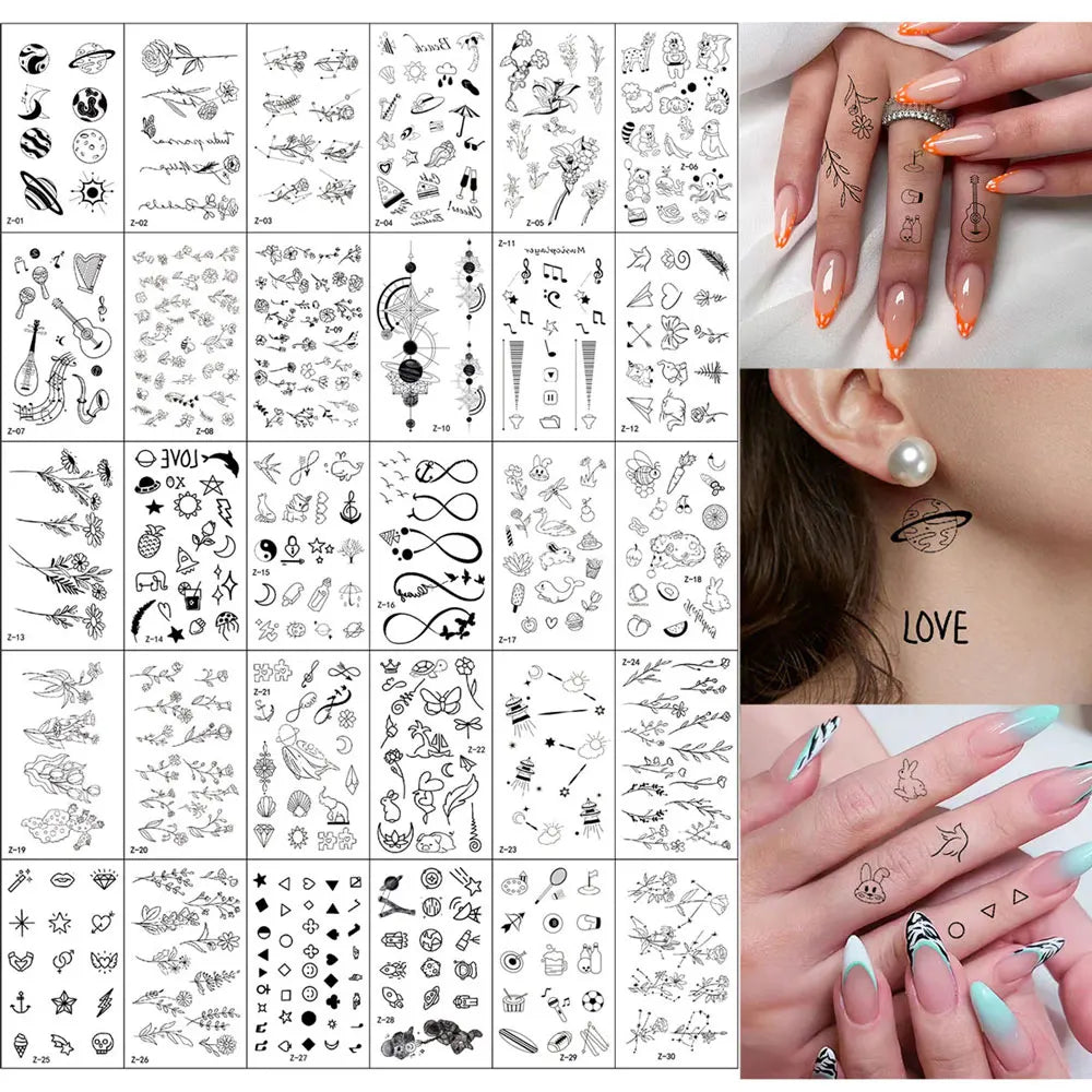 30pcs Black Temporary Tattoo Stickers - Flower Butterfly Rose Moon Star Mandala Designs for Hand, Chest & Body Art