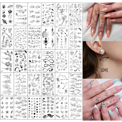 30pcs Black Temporary Tattoo Stickers - Flower Butterfly Rose Moon Star Mandala Designs for Hand, Chest & Body Art