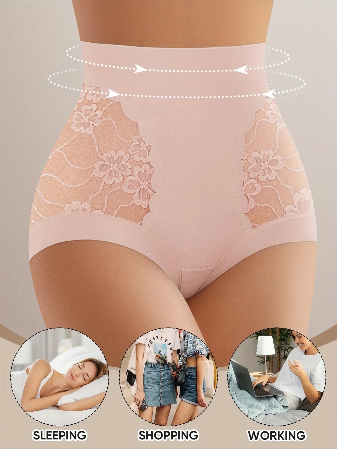 Women’s High-Waist Shaping Panties - Floral Lace Tummy Control Breathable Sheer Briefs for Everyday Comfort