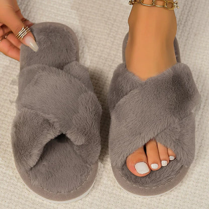 Women’s Cross Band Fur Slippers – Fluffy Open-Toe Plush Home Shoes with Soft Non-Slip Sole