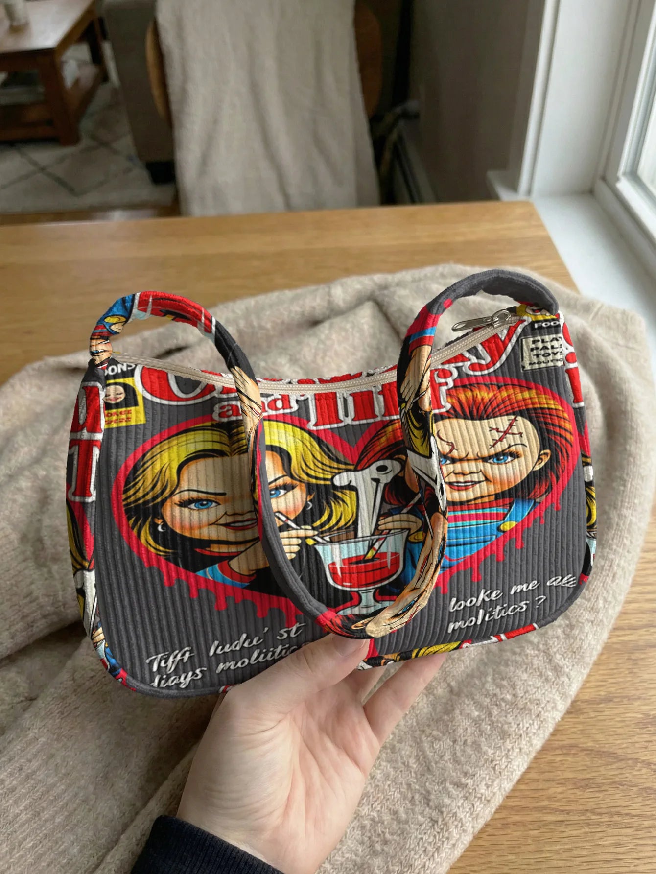 Chucky & Tiffany Print Shoulder Bag - Trendy Corduroy Underarm Bag for Daily Casual Use