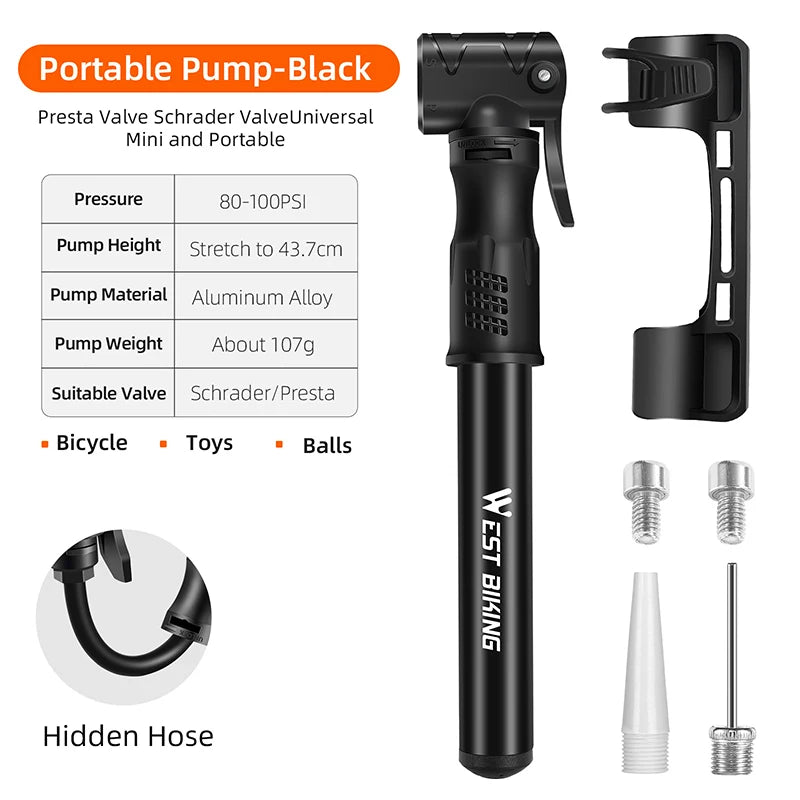 WEST BIKING Mini Bicycle Pump - Portable Aluminum Alloy Tire Inflator for MTB Road Bike Schrader Presta Valve