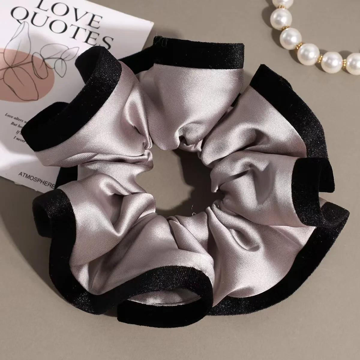 Velvet-Edged Satin Bloom Scrunchie - Elegant Hair Tie for Everyday Style