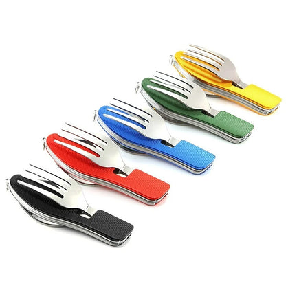 4-in-1 Foldable Tableware Set - Stainless Steel Spoon, Fork, Knife, and Bottle Opener - Compact Pocket Kits for Outdoor Use