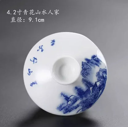 Ceramic Sancai Tea Bowl with Lid – Blue & White Porcelain Cover for Kungfu Tea Set Household Accessories