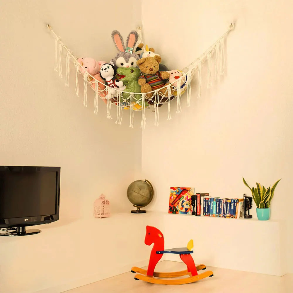 Kids Toy Hammock Wall Corner Hanging Storage Net – Woven Cotton Stuffed Animal Organizer