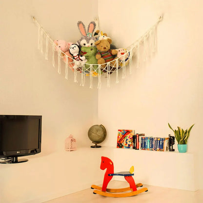 Kids Toy Hammock Wall Corner Hanging Storage Net – Woven Cotton Stuffed Animal Organizer