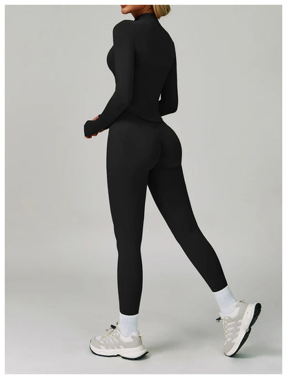 2/3PCS Women’s Seamless Yoga & Gym Set – Push-Up Sports Bra, Long Sleeve Jacket & Workout Leggings
