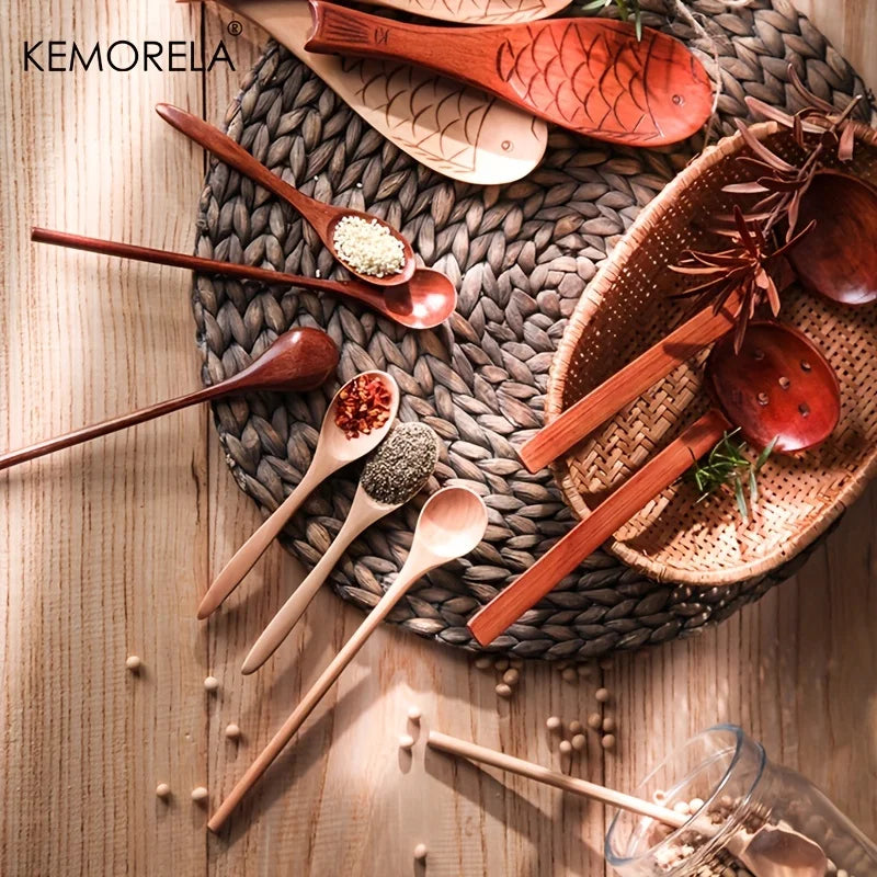 6pcs Wooden Coffee & Tea Spoon Set — Long Handle Honey Dessert Stirring Teaspoons Tableware