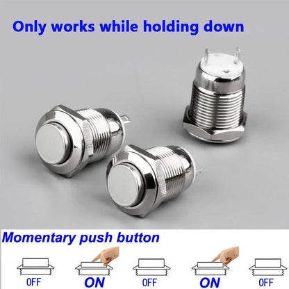6PCS 12mm Momentary Push Button Switch – 12V Waterproof Chrome Stainless Steel, 2-Pin N/O Power Button