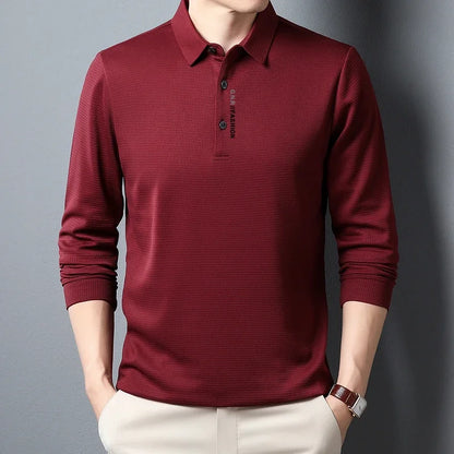 Men's Waffle Long Sleeve Polo Shirt - Letter Print Casual Lapel Top
