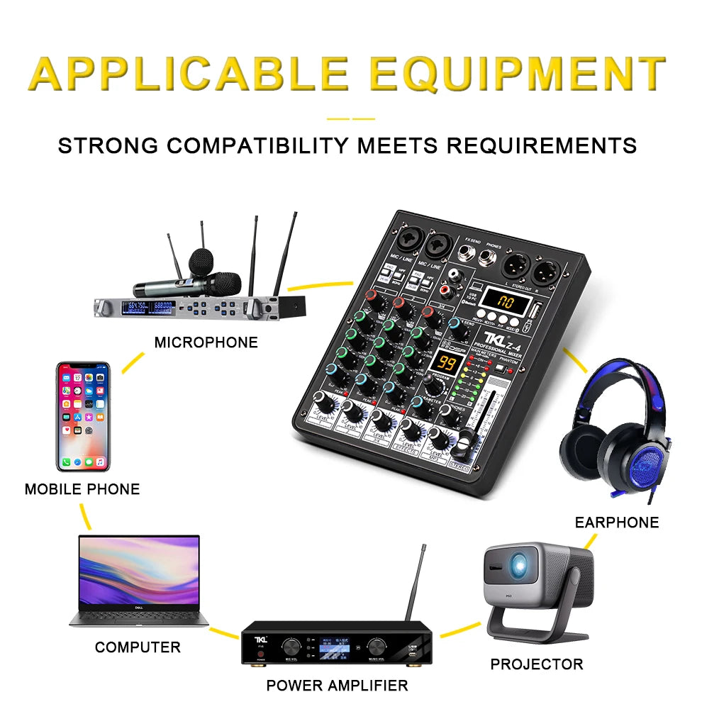 TKL 4 Channel DSP Audio Mixer – 99 Effects, 48V Phantom Power, USB, Bluetooth DJ Console for Karaoke and Studio Sound