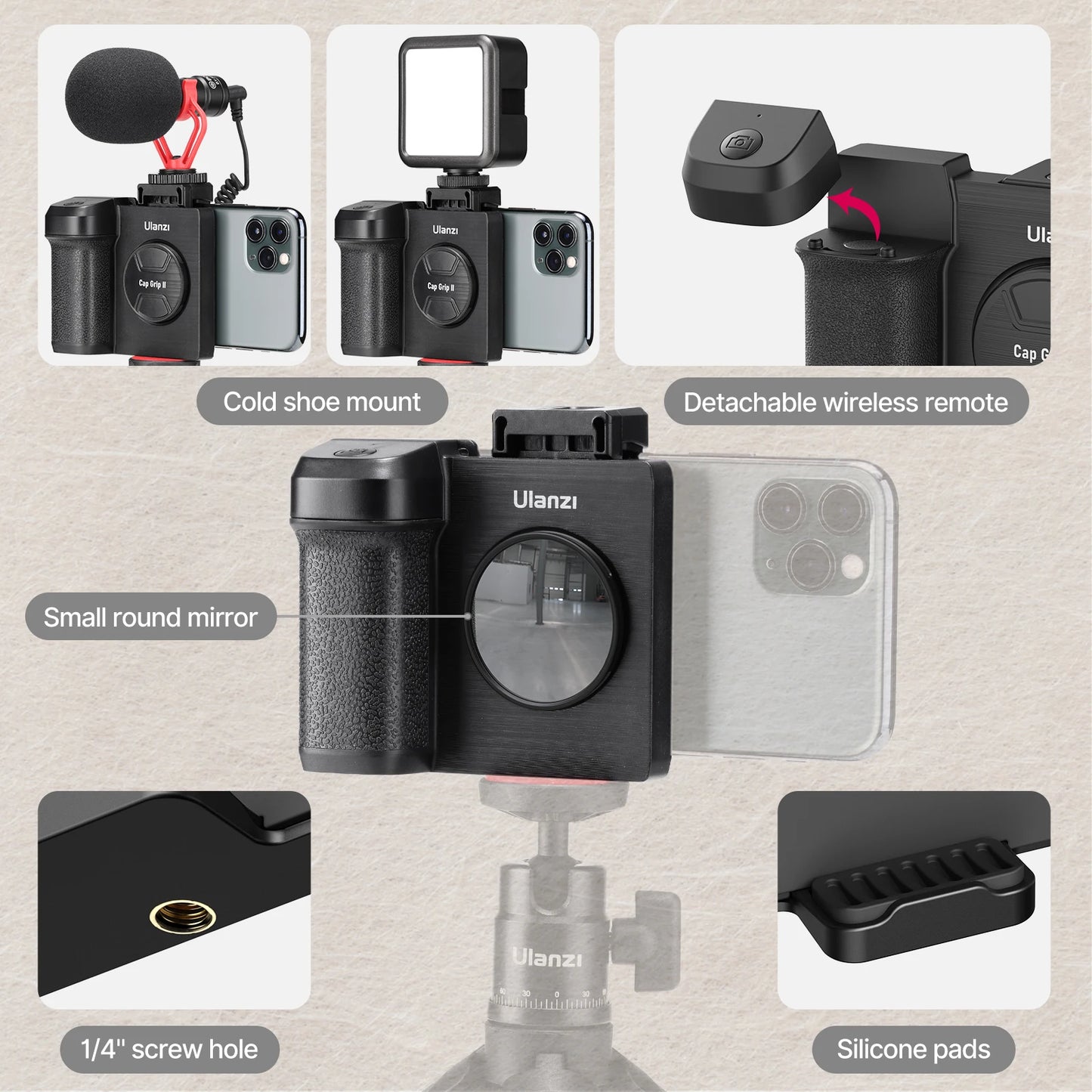 Ulanzi CapGrip II Handheld Smartphone Selfie Booster - Hand Grip with Bluetooth Remote Control Shutter for iPhone and Android Phones