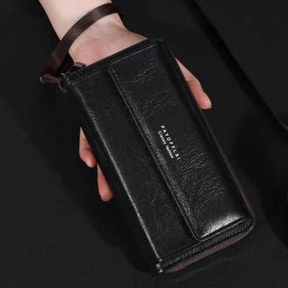 Men's PU Leather Zipper Wallet – Large Capacity Clutch Bag with Phone Holder, Card Slots & Coin Pocket