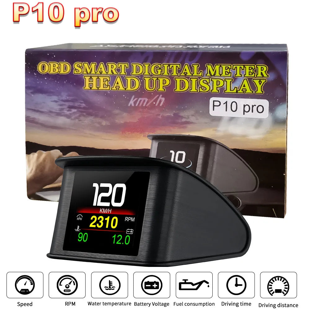 P10 Pro Head-Up Display – On-Board OBD2 Computer with Digital Speedometer, Mileage, Temperature & Driving Data Gauge