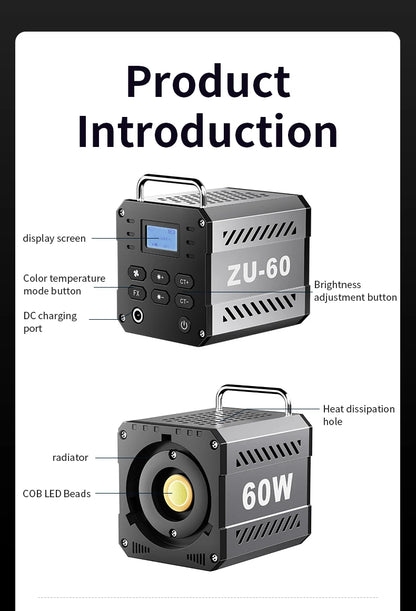 60W COB Video Light - CRI≥90, TLCI≥97, Dual Color Temperature 2700K-6500K, Portable Mini Bowens Live Lighting