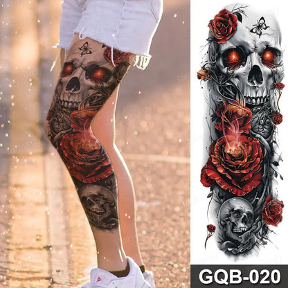 Full Arm Dragon Skull Tattoo Sleeve - Waterproof Temporary Body Art Sticker with Clock Compass Flower Design for Men & Women
