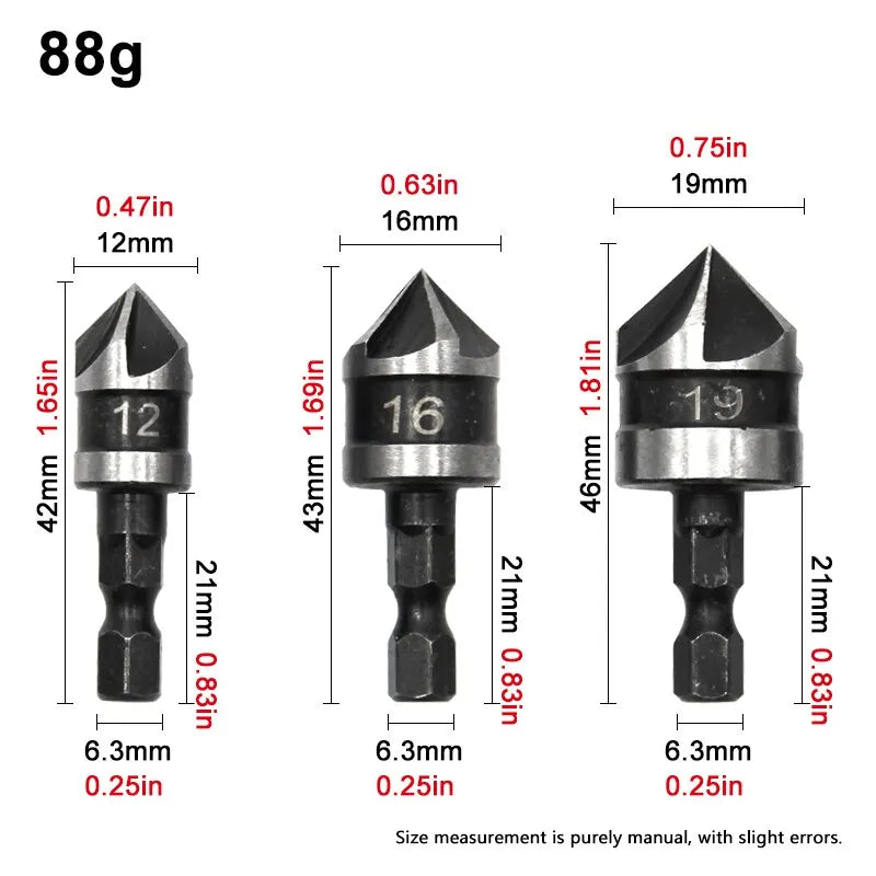 3PCS Hex Shank 90° Chamfer Drill Bit Set – 5-Blade Countersink Tool Kit 12/16/19mm for Woodworking Hole Opening