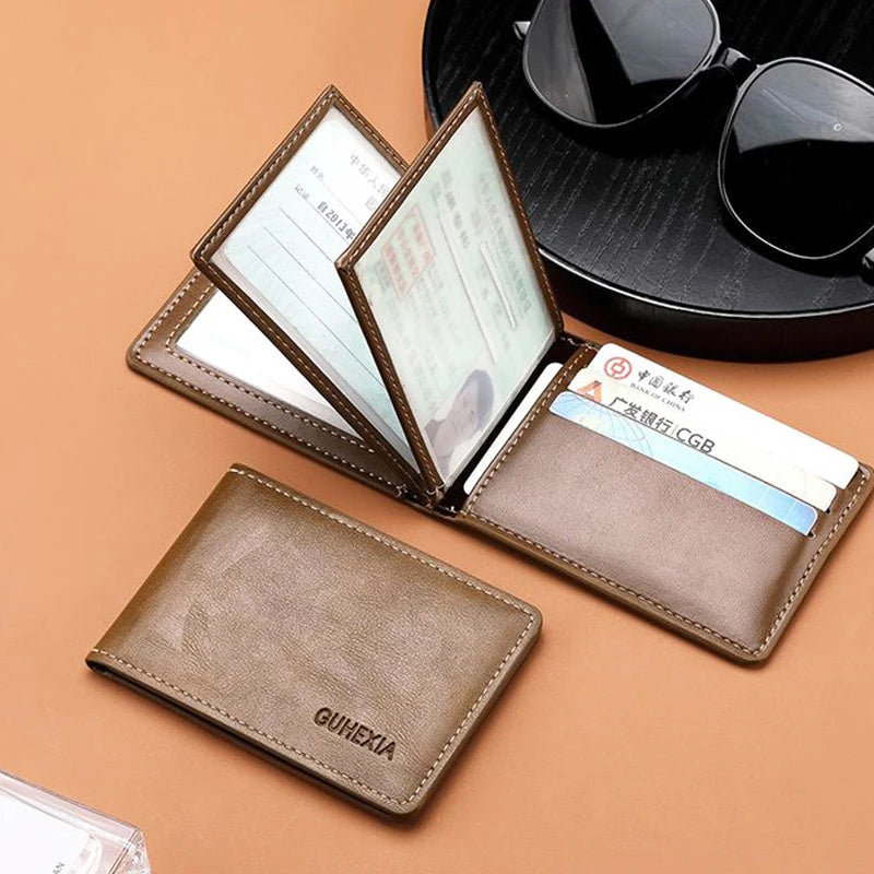 Retro Leather Driver’s License Wallet – Ultra-Thin Men’s ID Card Holder with Coin Purse, Multifunctional Slim Solid Color Short Wallet
