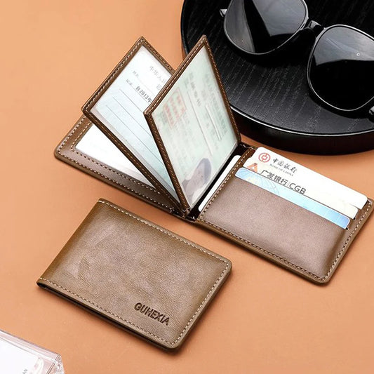 Retro Leather Driver’s License Wallet – Ultra-Thin Men’s ID Card Holder with Coin Purse, Multifunctional Slim Solid Color Short Wallet