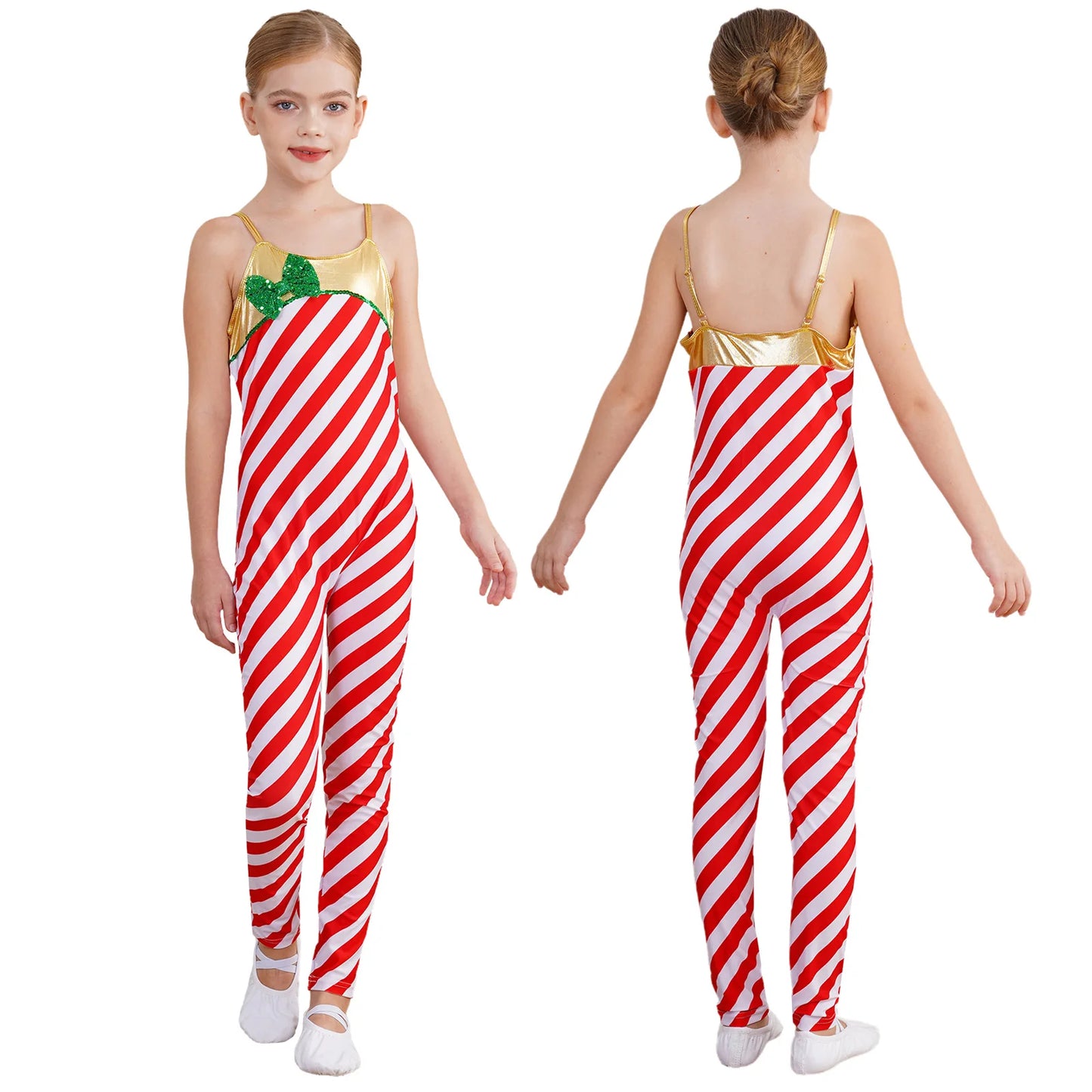 Kids Candy Cane Striped Christmas Tutu Leotard — Sequined Santa Bodysuit for Ballet & Gymnastics