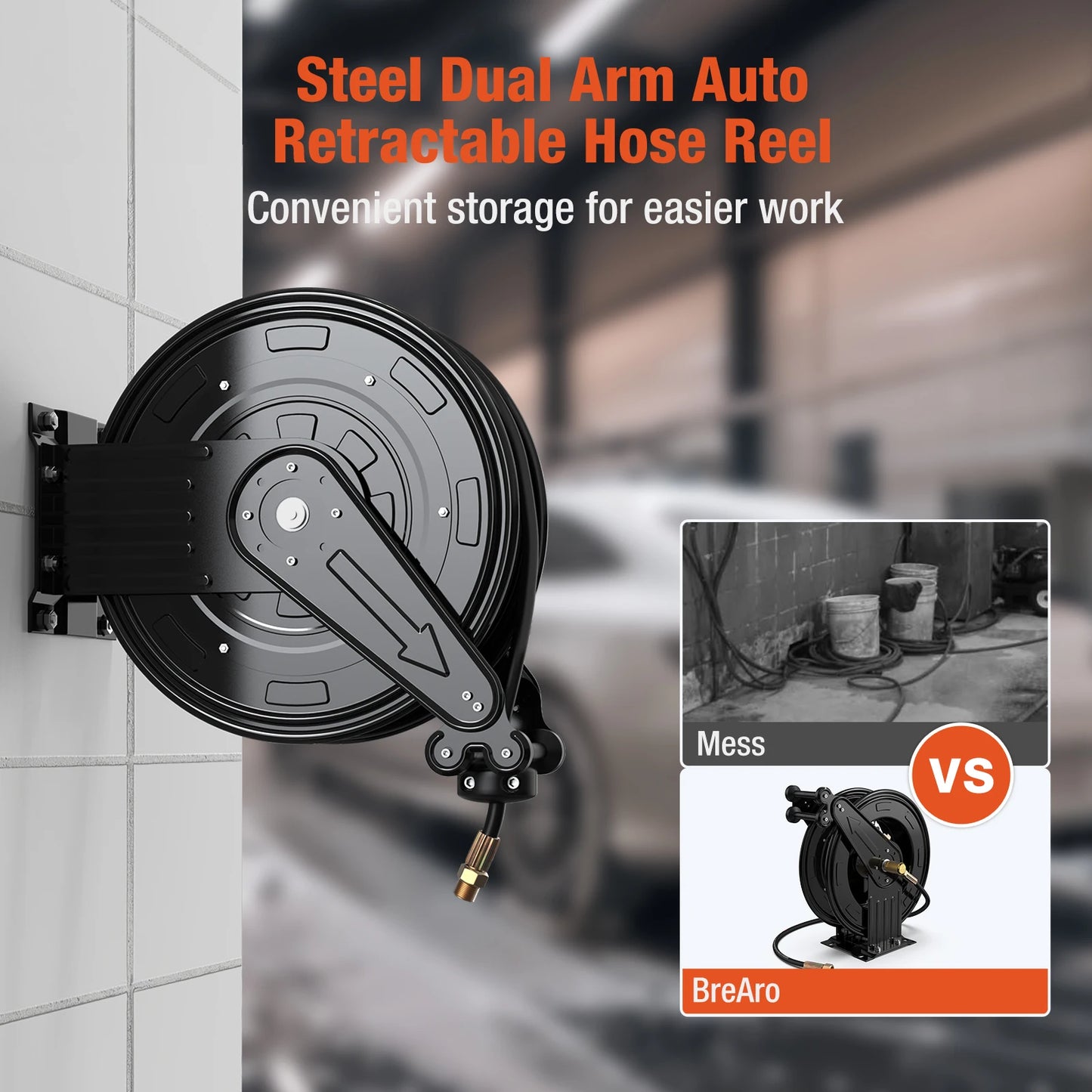 50FT Auto-Retractable Pressure Washer Hose Reel – Heavy Duty 300 PSI Steel Dual Arm Hose for Power Washers