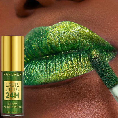 Green Glitter Lip Glaze – Waterproof, Long-Lasting Metallic Lip Gloss with Bold Pearlescent Tint Makeup
