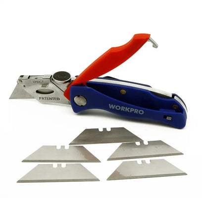WORKPRO WP211006 Folding Utility Knife - Compact Retractable Box Cutter with Blade Storage