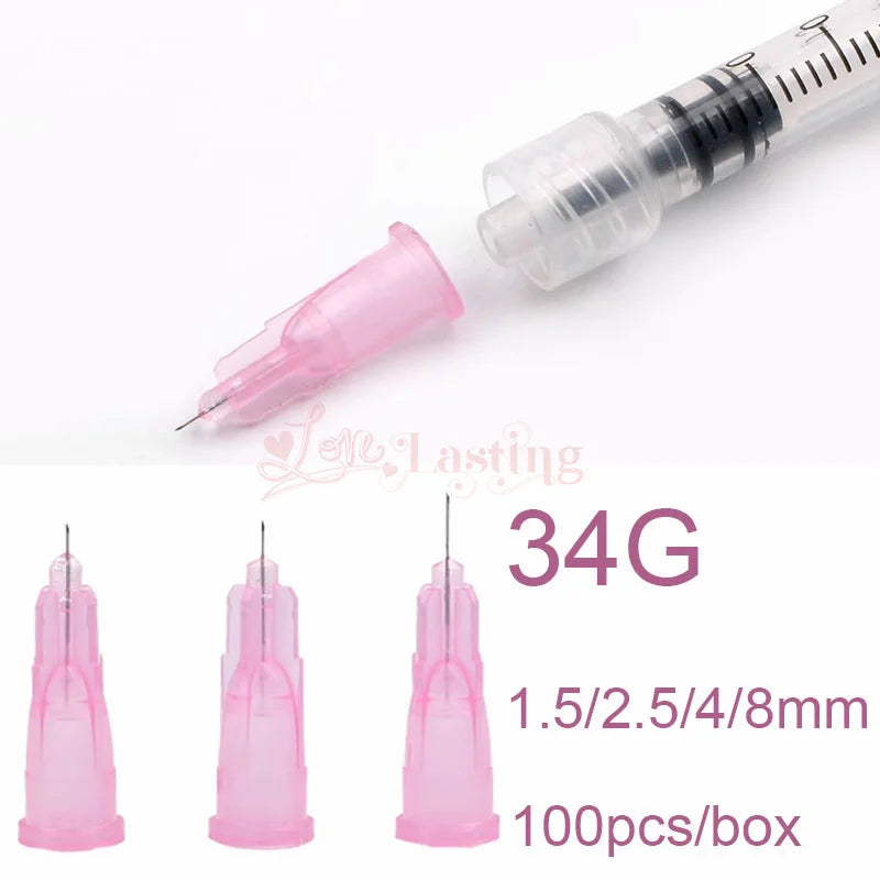 100PCS 34G Tattoo Needles (1.5mm, 2.5mm, 4mm, 8mm) - Transparent Syringe Injection & Painless Teeth Irrigator Parts