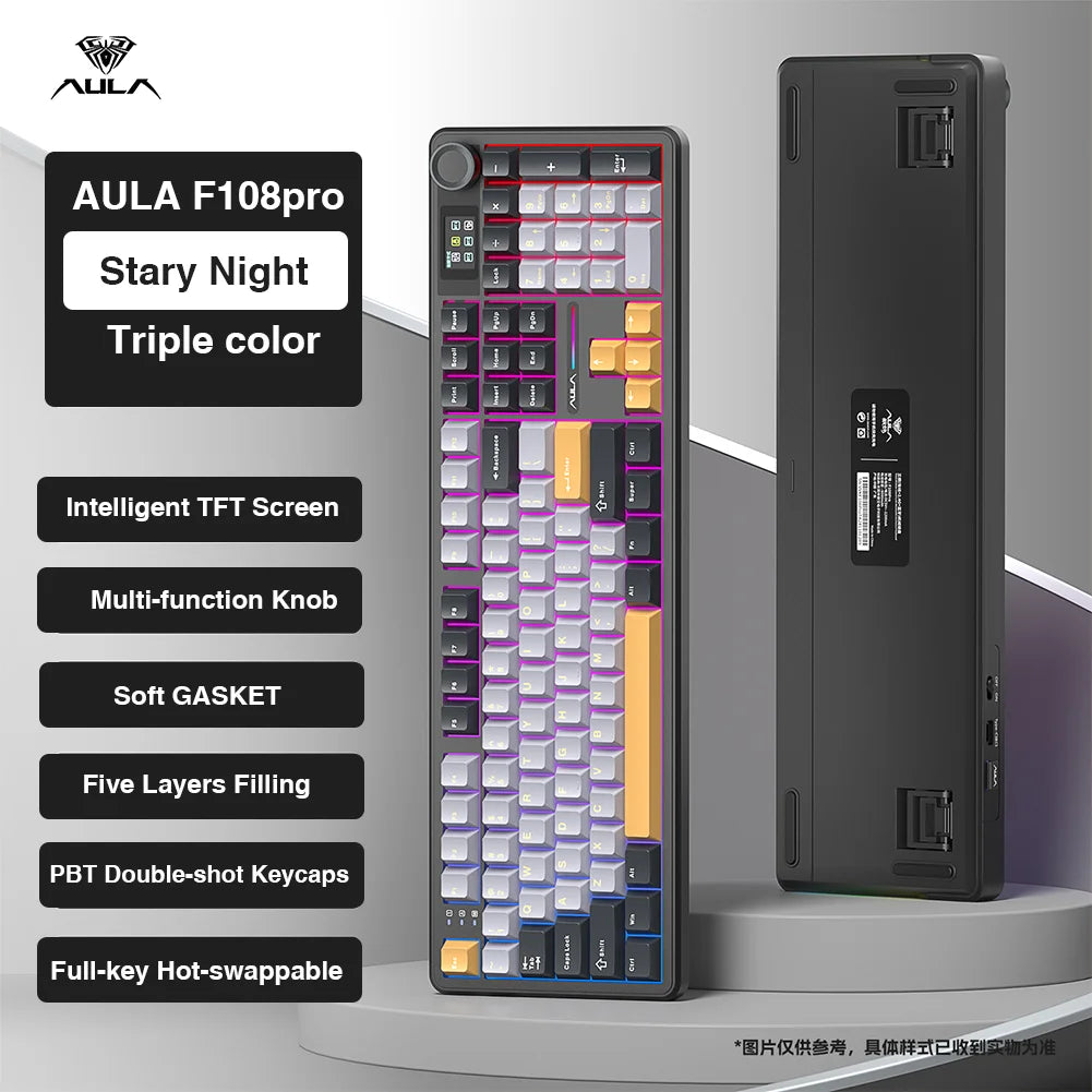 AULA F108 Pro Full-Size Gaming Keyboard – Wireless Bluetooth, Hot-Swappable Gasket Mount, Macro Keys, TFT Smart Display