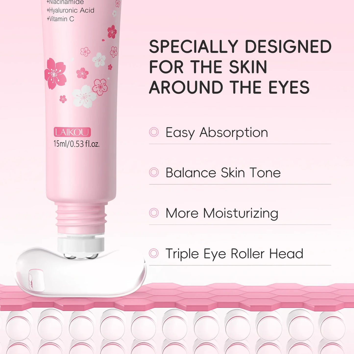 LAIKOU Sakura Eye Serum Roller — Hyaluronic Acid Moisturizing Cream for Eye Bags & Dark Circles, 15ml