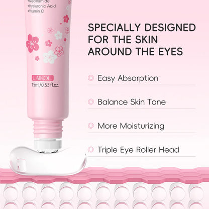 LAIKOU Sakura Eye Serum Roller — Hyaluronic Acid Moisturizing Cream for Eye Bags & Dark Circles, 15ml