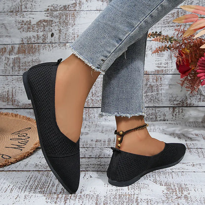 Women’s Pointed Toe Flat Shoes – Solid Color Knitted Slip-On Ballet Loafers, Casual & Breathable Ladies Shoes