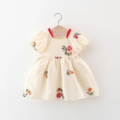 Summer Baby Girl Dress – Cute Embroidered Cotton Skirt with Bubble Sleeves, 0-3 Years