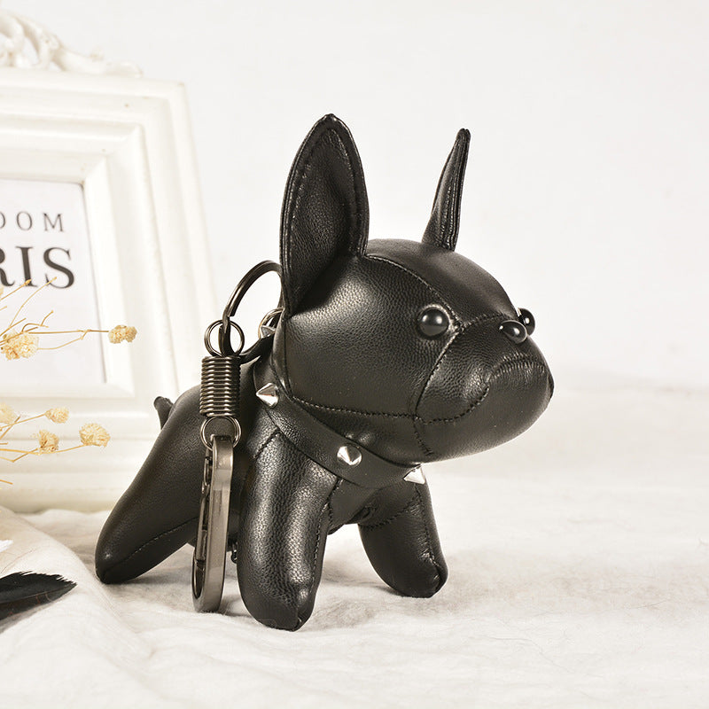 Punk French Bulldog PU Leather Dog Keychain — Fashion Bag Charm for Women Car Key Ring