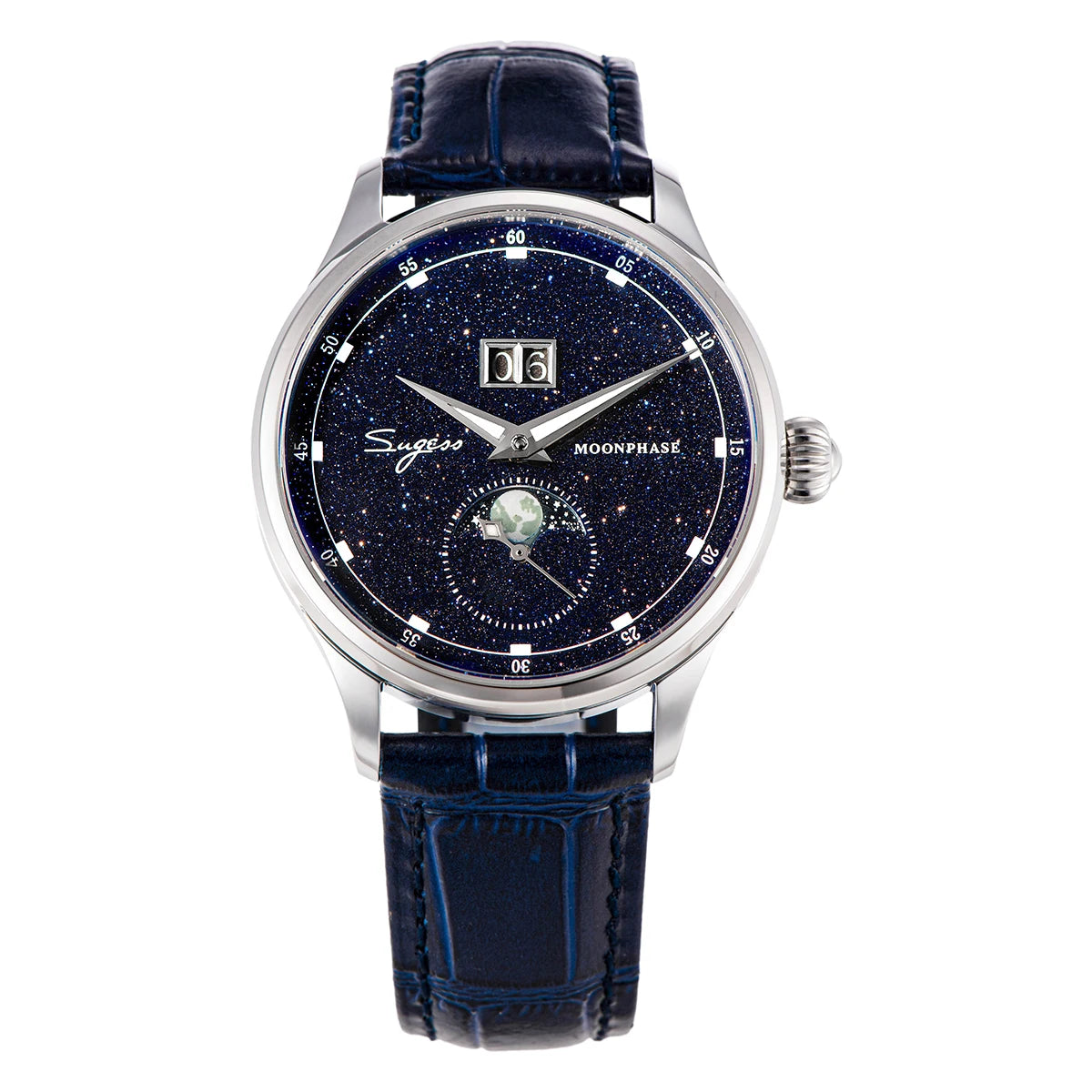 Sugess Moonphase Men’s Automatic Mechanical Watch — 40MM Stainless Steel with Seagull ST2528 Movement and Blue Sandstone Dial