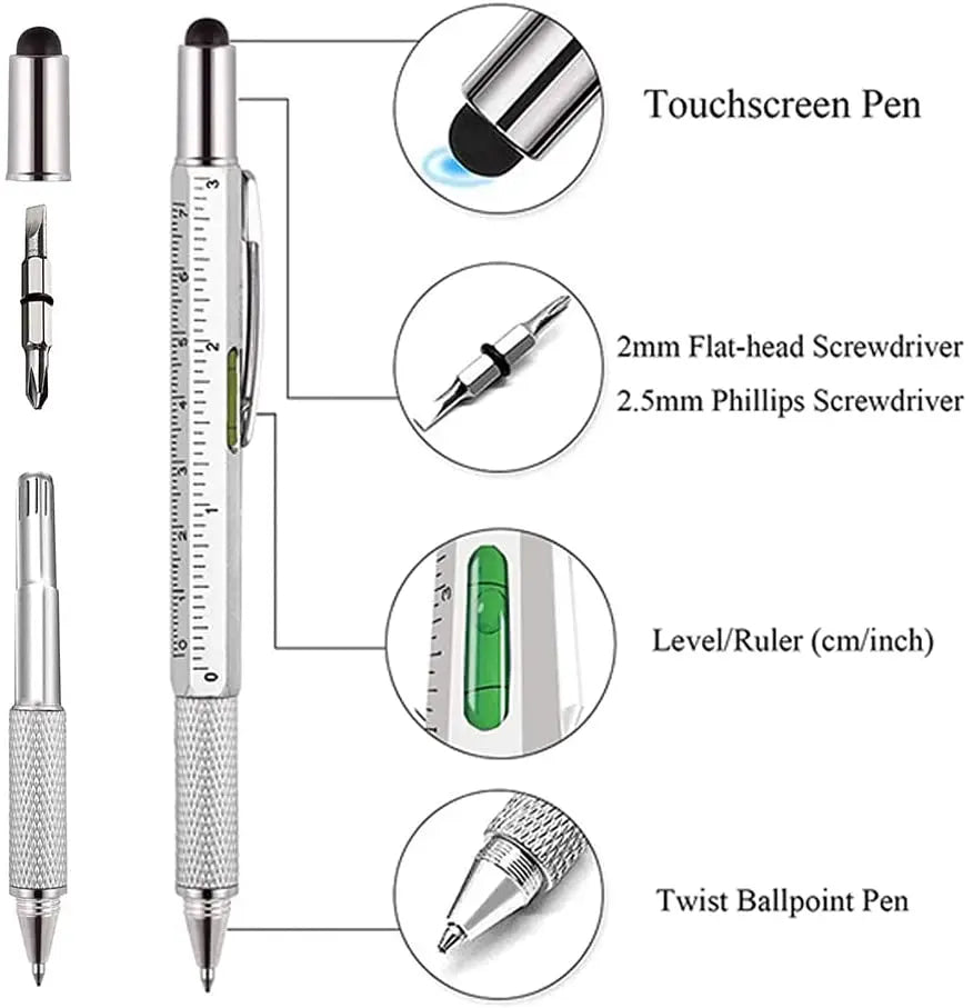 7-in-1 Multifunctional Pen - Touch Screen Stylus, Screwdriver, Ruler, Level Gauge, Refillable Ballpoint & Pencil Tool