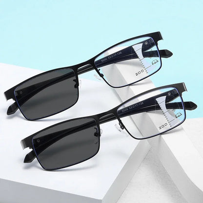 Progressive Multifocal Photochromic Reading Glasses – Anti-Blue Light Half Frame for Men with Presbyopia & Far Sight Protection