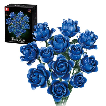 585PCS Blue Rose Building Block Set – Simulation Flower Bouquet Model Bricks, Decorative Ornament, Romantic Gift for Adults & Kids