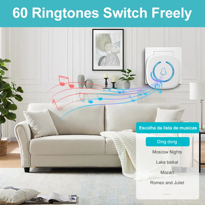 Wireless Smart Doorbell – 300M/984ft Range, 60 Melody Welcome Chimes, Remote Home Door Bell US/EU/UK Plug Options