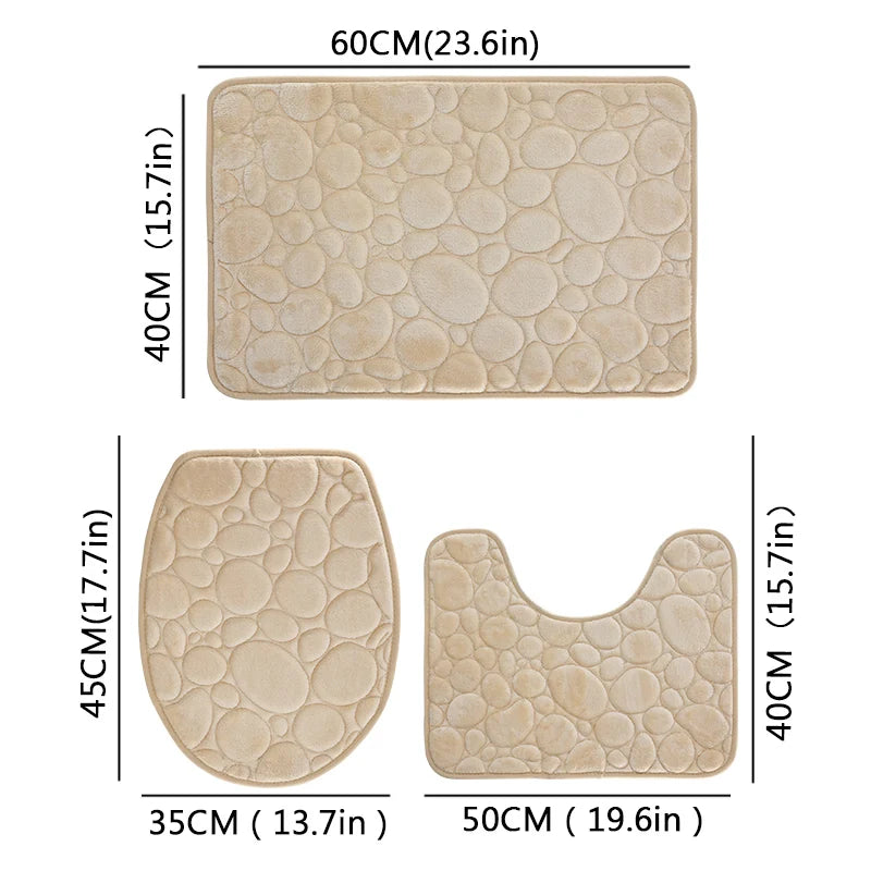 Solid Color Simple Bathroom Mat Set - Water-Absorbing, Non-Slip Stone Pattern, Comfortable & Soft (3PC)